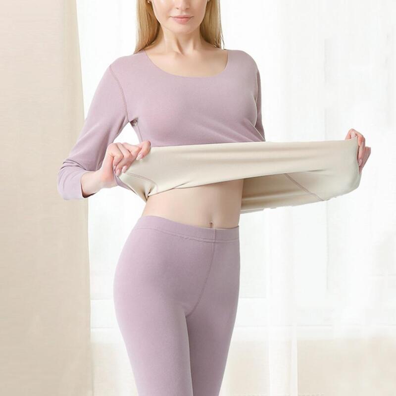 Einfarbiges Thermo-Outfit Damen Winter-Thermo-Unterwäsche-Set selbst heizende U-Ausschnitt-Oberteile Hose mit hoher Taille nahtlos für Wärme