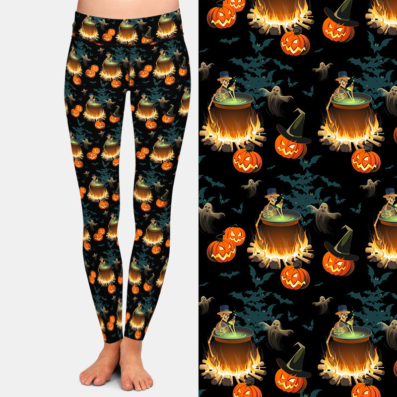 LETSFIND-Mulheres Halloween Imprimir Leggings de Cintura Alta, Leggings Sexy, Padrão com Abóboras, Esqueletos, Fantasmas, Fogueira, Nova Chegada