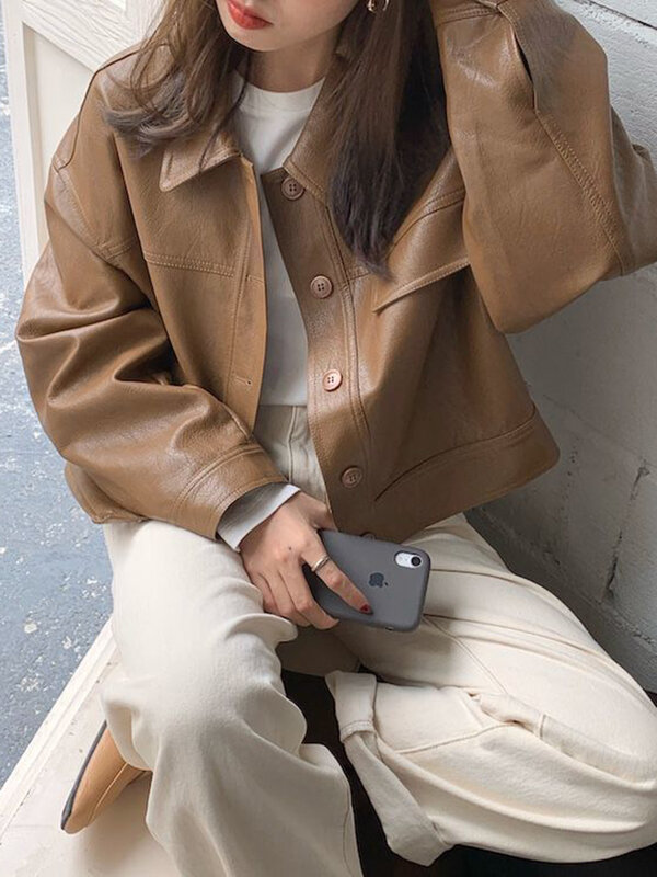 Женская винтажная байкерская куртка из ПУ кожи, с длинным рукавом