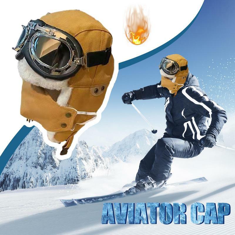 Topi musim dingin Pilot aksesoris kostum topi Pilot dengan penutup telinga topi musim dingin multifungsi topi Pilot dan kacamata untuk perjalanan olahraga