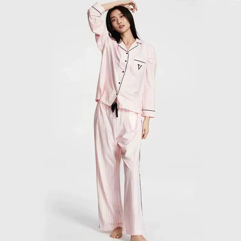 Conjunto de pijama de manga larga para mujer, ropa de casa suave y cómoda con bolsillo y Letras en V, primavera, verano y otoño