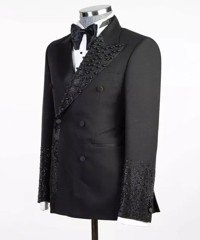 Conjunto de trajes negros de 2 piezas para hombre, Blazer y pantalones de lujo con cuentas de cristal, esmoquin de boda para novio, abrigo de doble botonadura, chaqueta hecha a medida