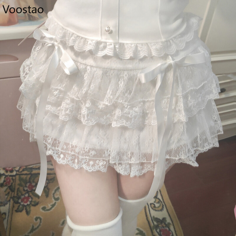 White Sweet Lolita Cake Skirt Women Harajuku Kawaii Bow Lace Mesh Mini Skirts Female Japanese Cute Y2k Ruffle Short Skirt Summer