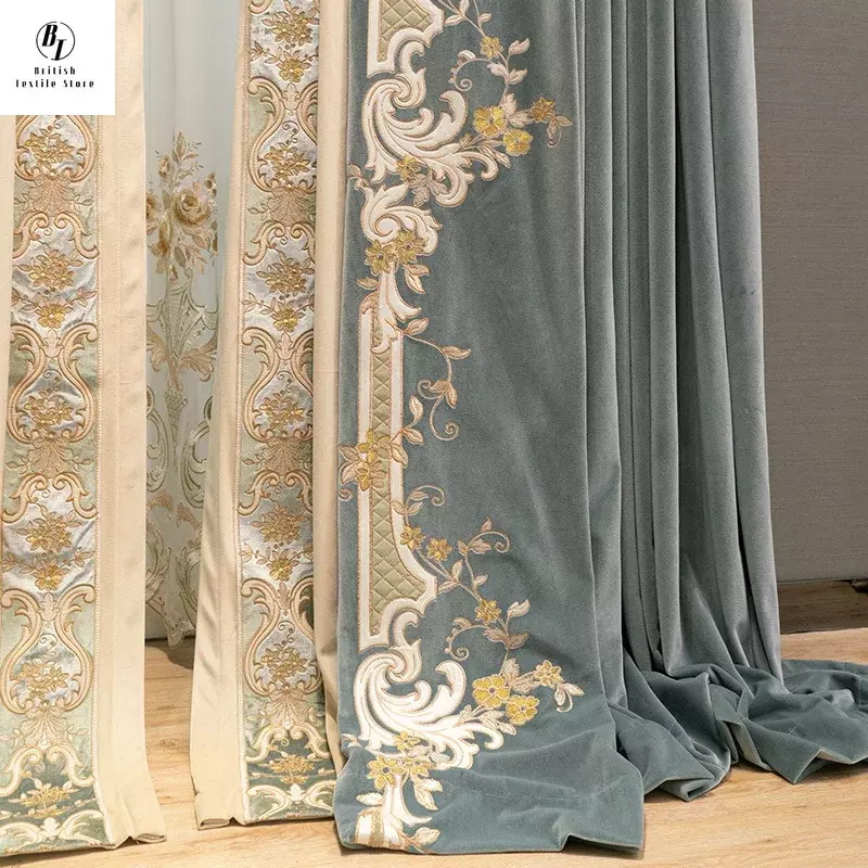 European Embroidered Thickened Blackout Blue Velvet Curtains for Living Room Bedroom Blackout Dining Lace Luxury Valance Tulle