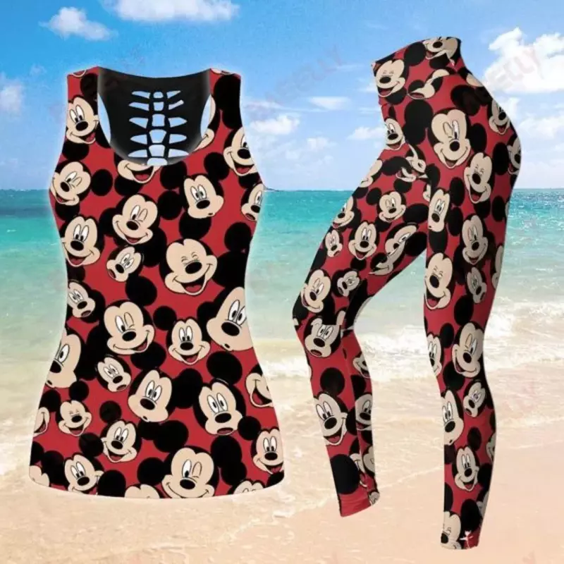 Conjunto de mallas deportivas con nombre personalizado para mujer, chaleco hueco de Mickey, traje de Yoga, Leggings de Fitness, camiseta sin mangas de Disney