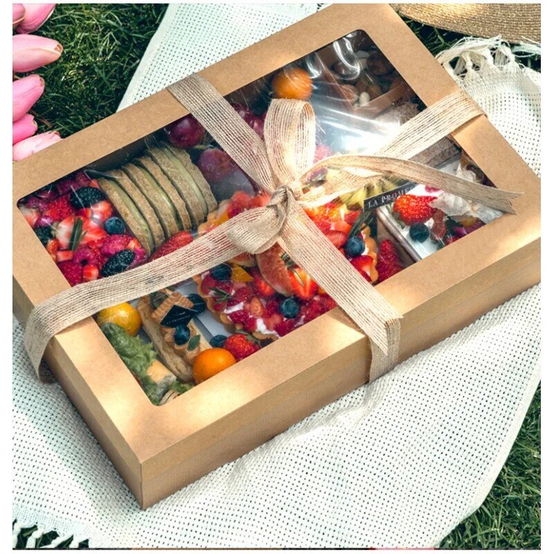 Caja de comida corrugada de kraft grande personalizada, caja plegable para picnic, comida, fruta, ensalada, postre, sándwich, taza, pastel, nueces, pac