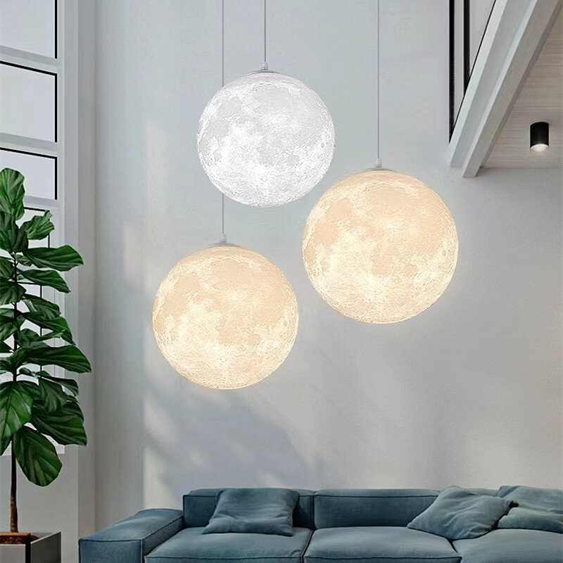 Lampu kabel langit-langit bulan motif 3D, lampu hangat kreatif meja makan lampu Planet kreatif Modern