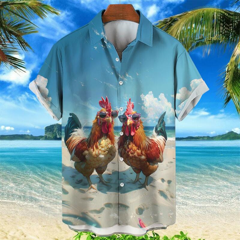 เสื้อฮาวายสำหรับผู้ชาย2024เสื้อพิมพ์ลายกราฟฟิกไก่ชายหาดฤดูร้อนแขนสั้นลาย3D สำหรับ kemeja Aloha unisex แฟชั่นสไตล์ฮาวาย