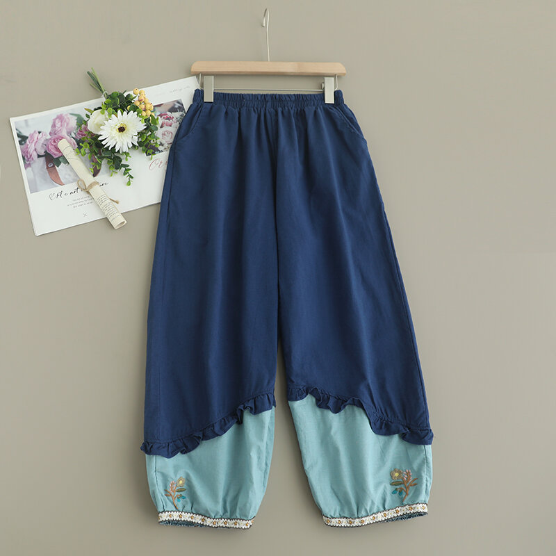 Pantalones bordados para mujer, pantalón informal de lino y algodón con cintura elástica, verano, 824-666