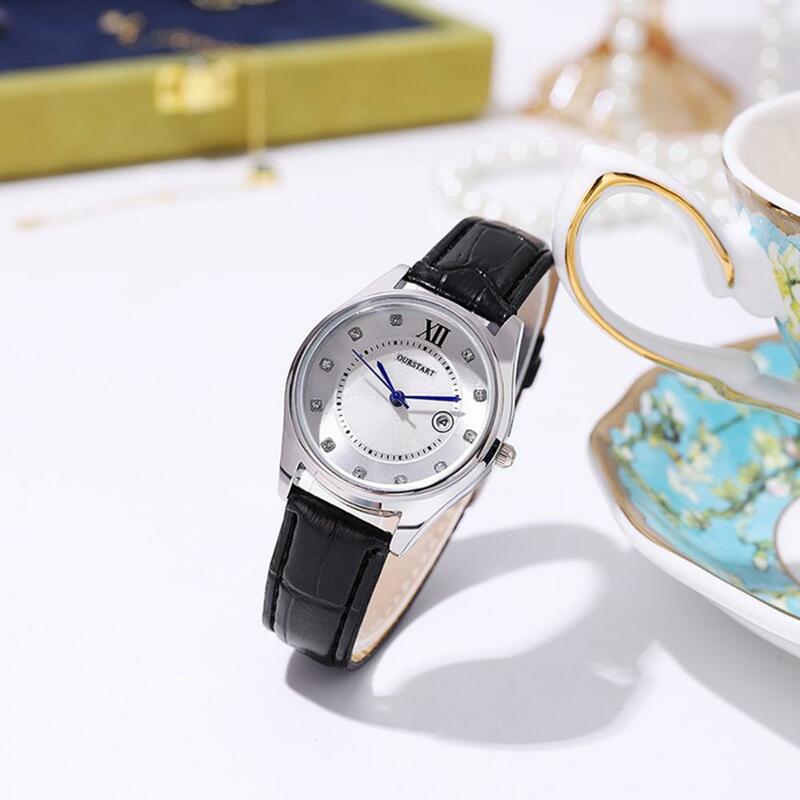 Senhoras Elegante Rhinestone Decor Quartz Watch, relógio de estudante, ajustável pulseira de couro sintético, calendário, alta precisão para namoro