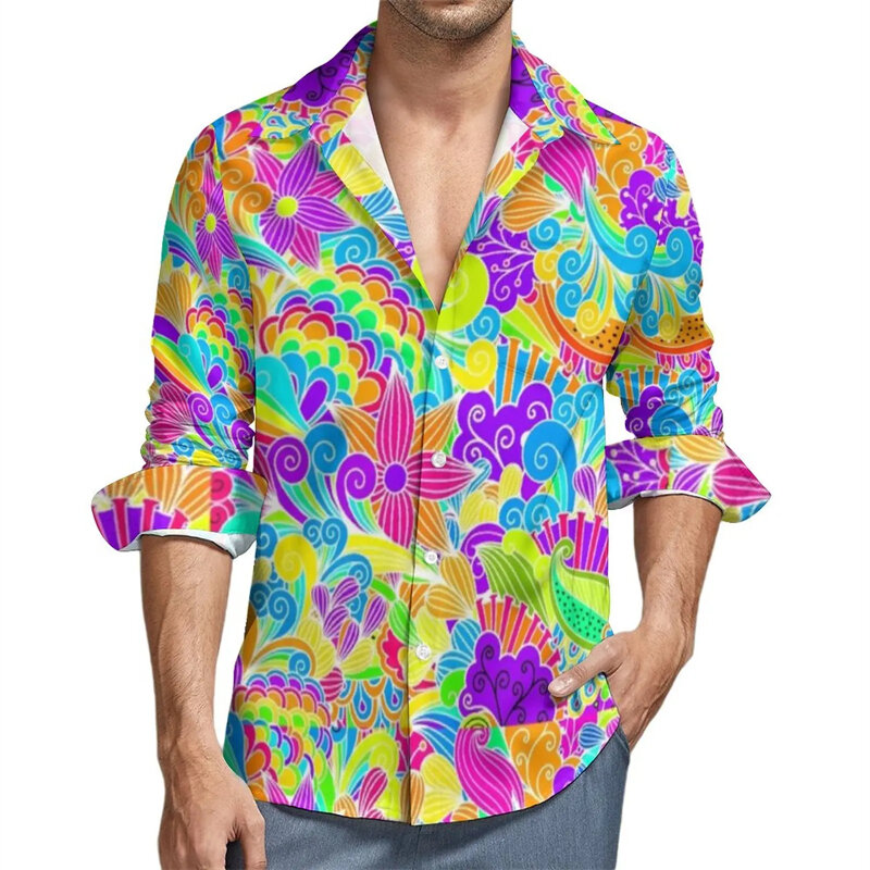 남성용 패션 색상 꽃 3D 인쇄 긴팔 셔츠, 캐주얼 편안한 셔츠, 스트리트 트렌드 긴팔 단추 셔츠, 상의