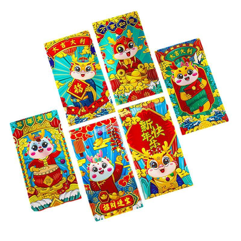 Enveloppes de poche d'argent porte-bonheur pour l'année du dragon, nouvel an chinois, rouge, 6 styles, 2024