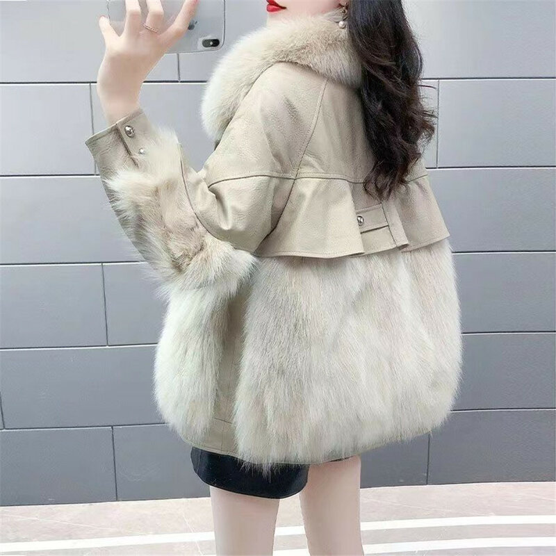 Manteau ample en cuir PU pour femmes, cheveux de faux renard, épissure, mi-longueur, épaissi, chaud, mode, nouveau, hiver, 2023