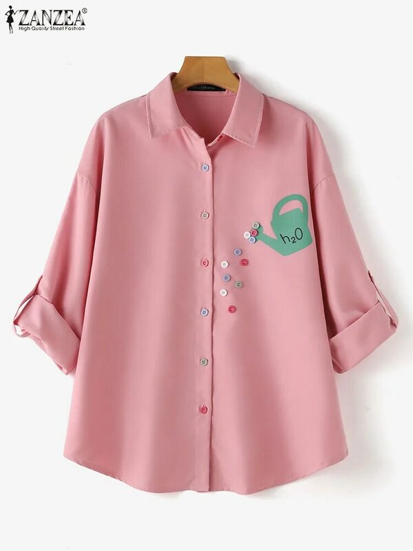 Zanzea-Top de túnica solta de manga comprida, elegante blusa estampada, camisas com botões, moda casual, verão