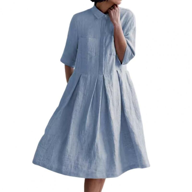 เดรสทรงเอมีสไตล์สำหรับผู้หญิงชุดเดรสมิดิคอตุ๊กตามีกระเป๋าเปิดหน้าอกดีไซน์จีบสำหรับออกเดตในฤดูร้อน