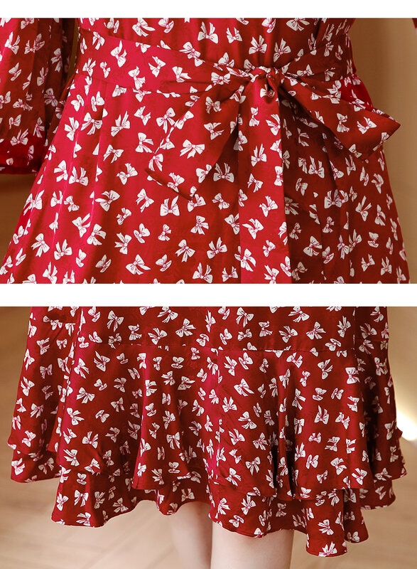Primavera/estate 2023 nuovo vestito in Chiffon di seta manica corta rosso francese stampa fiocco da donna con scollo A v temperamento vita avvolto A-lineDress