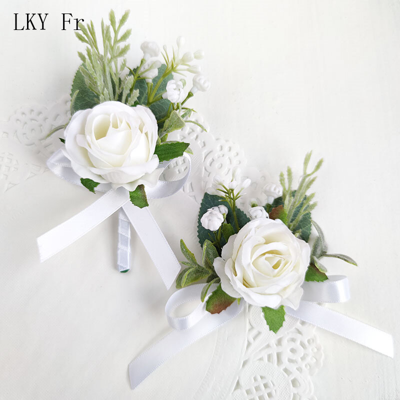 White Boutonniere Wedding Accessories Groom Buttonhole Wrist Corsage Brooch Flowers Artificial Silk Roses Bridesmaids Bracelets
