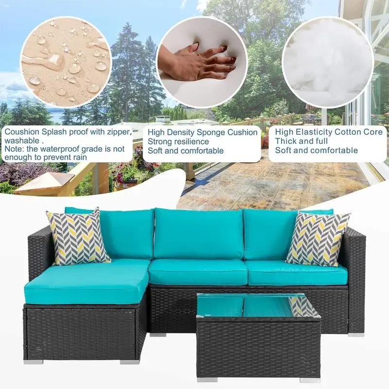 Outdoor Wicker Patio Sofa Set, schwarz Allwetter Rattan kleine Schnitt Terrasse Set und Chaiselongue mit Glas Couch tisch
