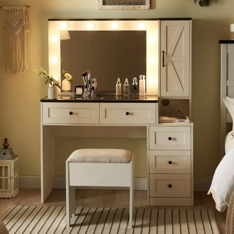 Make Up Table 43” W Vanity Desk With Lights Mirror and Drawers for Makeup White Furniture for Room Air Dresser Furnitures Light