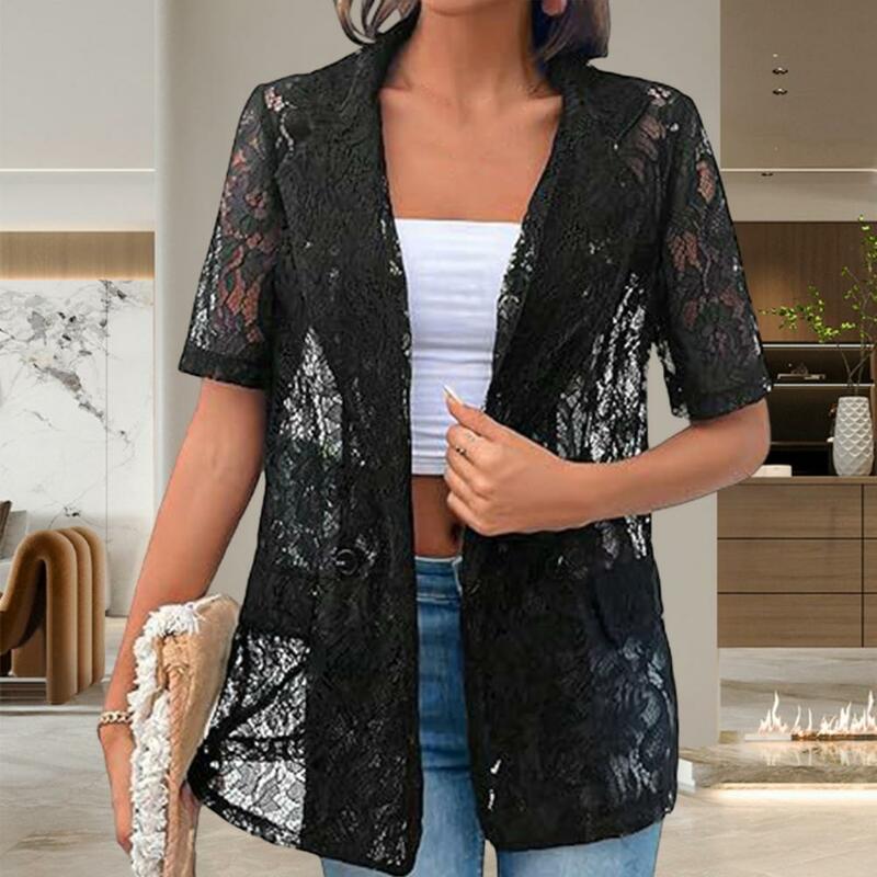 Floral Lace Jacket Elegant Lace Cardigan with Lapel Decorative Pockets Women's Short Sleeve Suit Coat with See-through Hollow