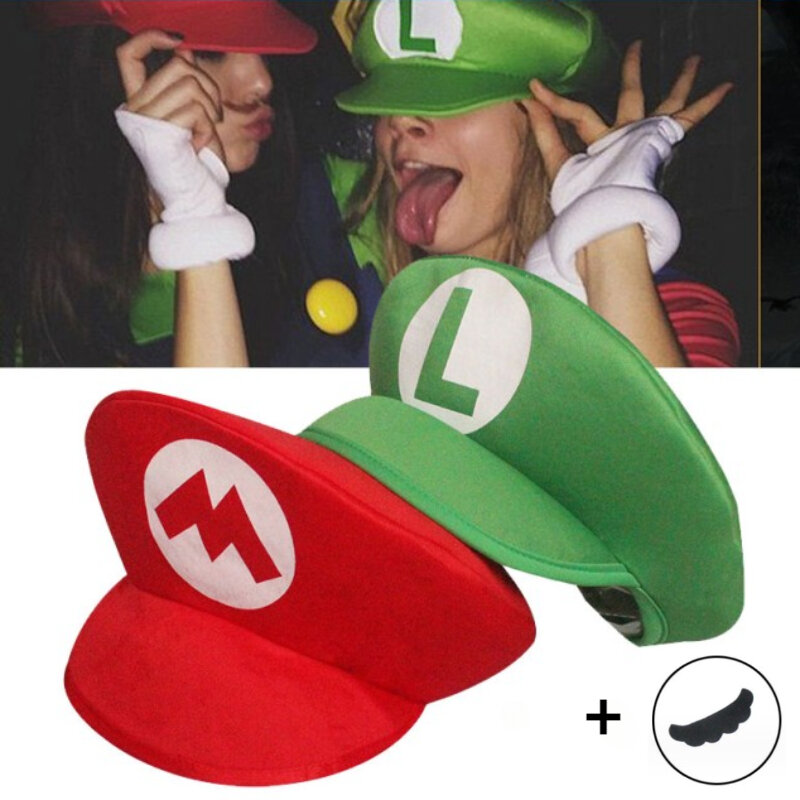 Topi Super Mario hijau merah Cosplay topi kartun dengan kumis uniseks topi Cos alat peraga aksesoris kostum pesta