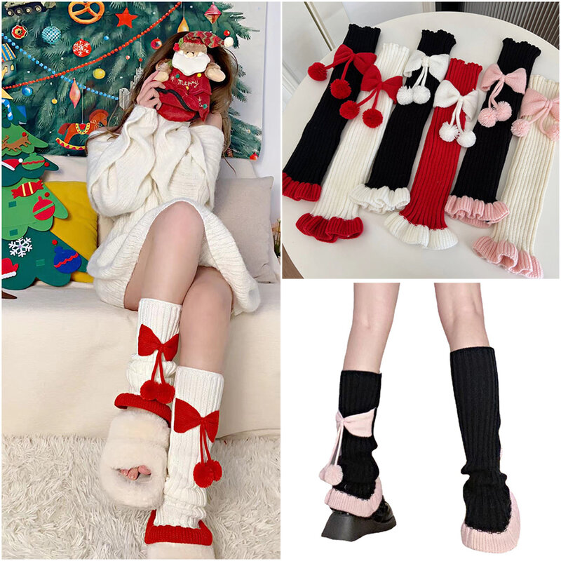 Harajuku y2k Mädchen niedlichen Bogen Plüsch Ball Bein wärmer Socken japanische Lolita Kawaii süße jk rosa Rüschen gestrickt warme Bein abdeckung