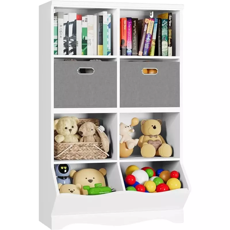 Toy storage box, children's bookshelf with 2 boxes and cubicles, for boys and girls, children's room, playroom, white
