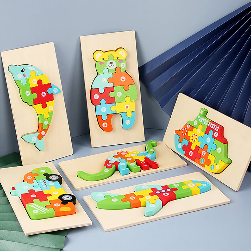 Wooden 3D Puzzle Wooden Dinosaur Animal Jigsaw Puzzle Early Education Color Sorting Learning Educational Toys For Children