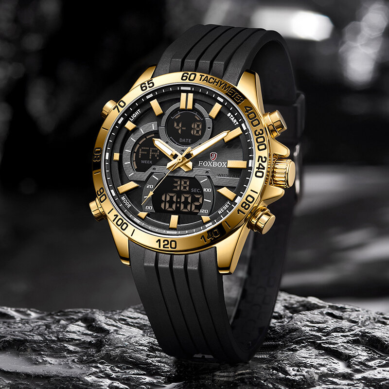 LIGE Luxury Man Wristwatch Business FOXBOX Stainless Steel Quartz Men Watch Waterproof Luminous Dual display Men's Watches Clock