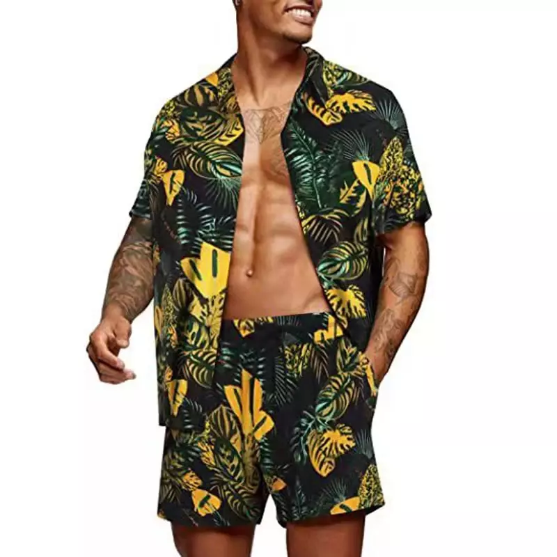 ชุดเสื้อผ้าสองชิ้นแบบฮาวายแขนสั้นสำหรับผู้ชายชุดชายหาดลายดอกไม้ต้นปาล์มแบบลำลองสำหรับฤดูร้อน2023