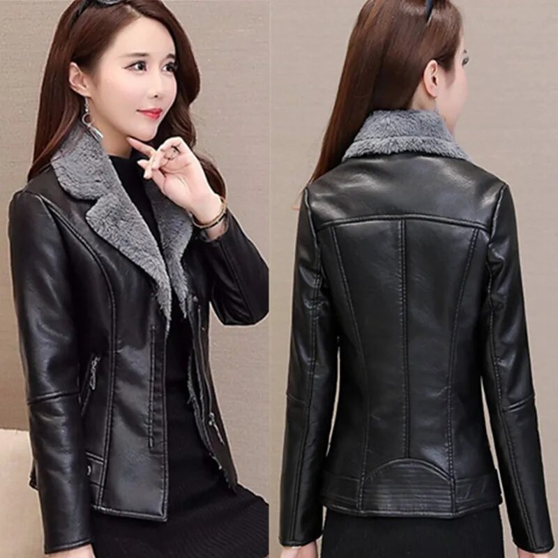 Jaket kulit PU wanita Korea, mantel kulit PU wanita, jaket pendek ukuran besar, mantel bulu hangat tebal, model Korea, baru, 2024