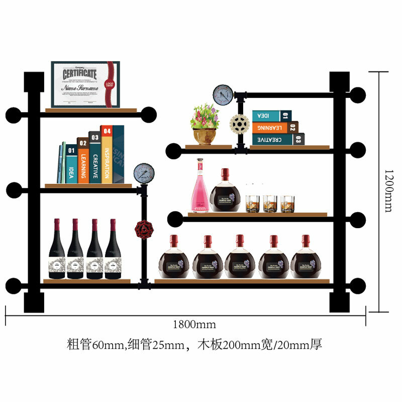Rangement et présentoir Creative Bottle Evalufor Wine T1, décoration de maison, meuble TV d'art, fait de tuyaux et de planches en fer