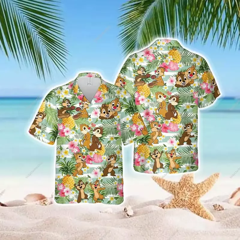 Chip N Dale tropikalna hawajska moda letnia koszulka z krótkim rękawkiem Disney Chip i Dale koszula hawajska plażowa koszula na guziki mężczyzn