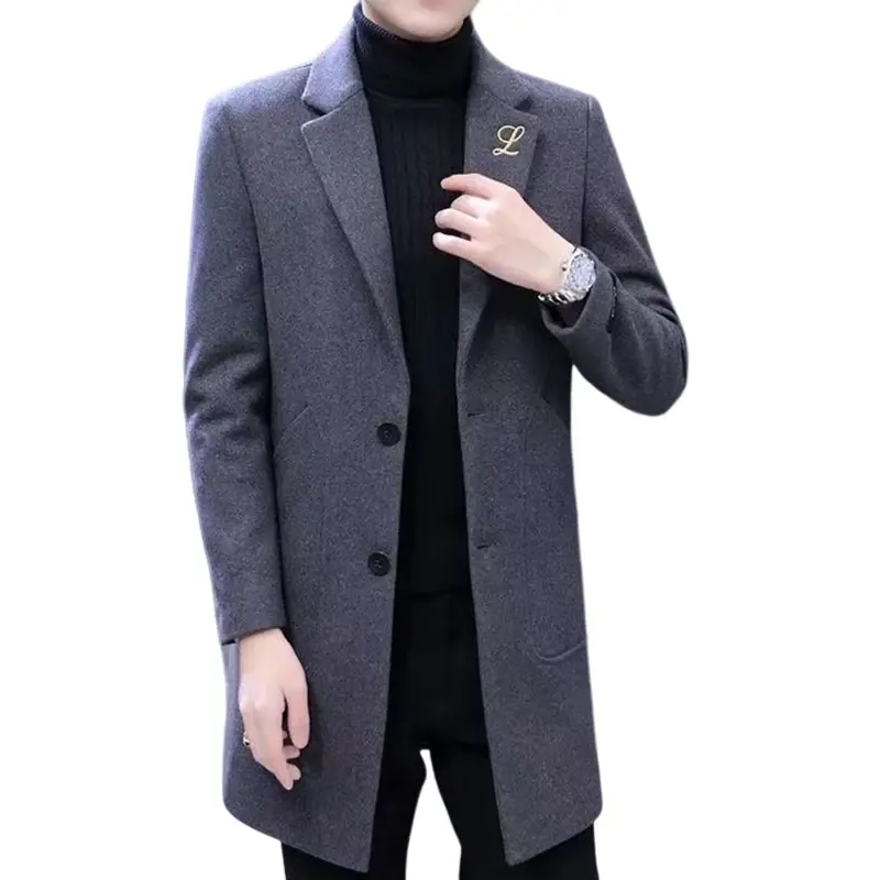 Mantel wol pria, jaket Windbreaker bulu domba versi Korea tebal warna Solid panjang sedang ramping 2023