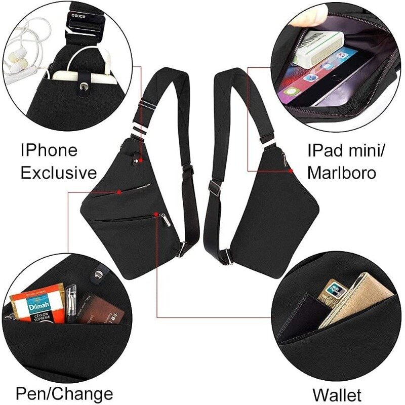 Sling Bag Chest Backpack Casual Daypack Black Shoulder Crossbody Lightweight Anti Theft Outdoor Sport Travel Hiking Bag For Men