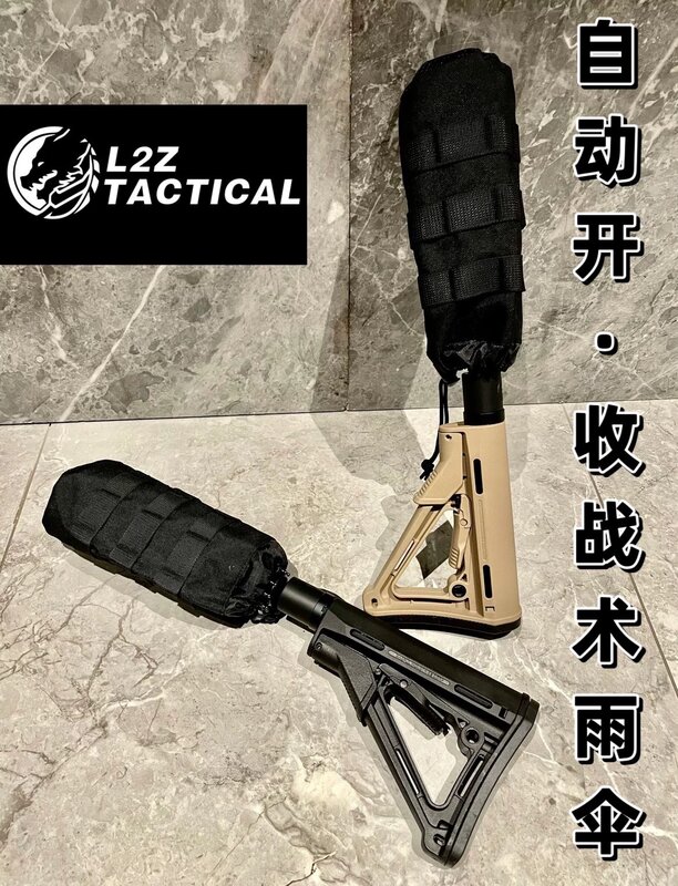 CTR payung sandaran lengan nilon otomatis, payung pelindung matahari model taktis bahan karet hitam