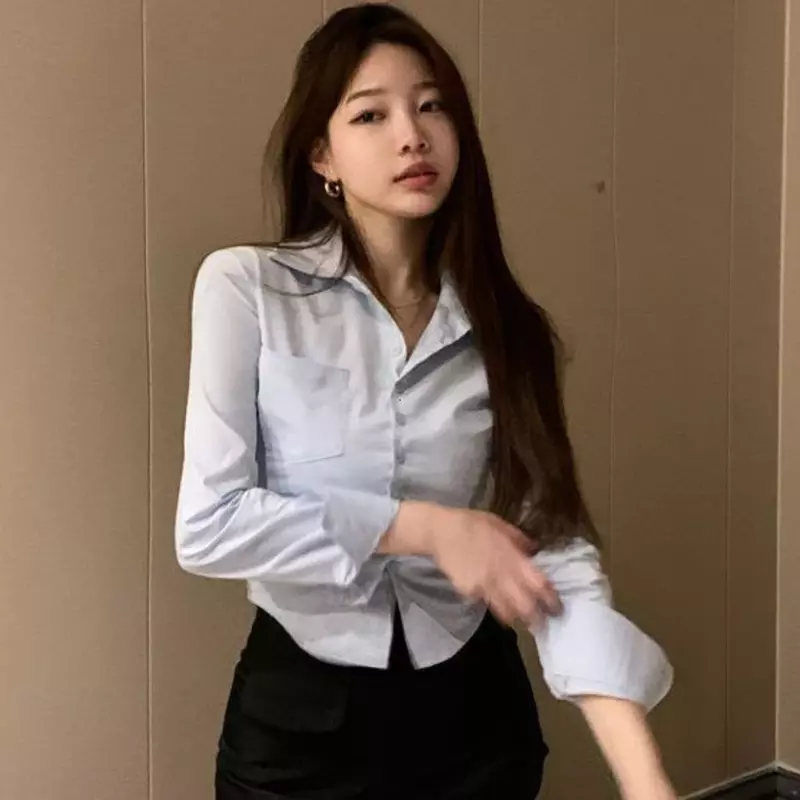 Shirts Women Folds Slim Fit Crop Tops Daily Design White Pure Korean Style Fashion Casual Office Lady All-match Tender Spring
