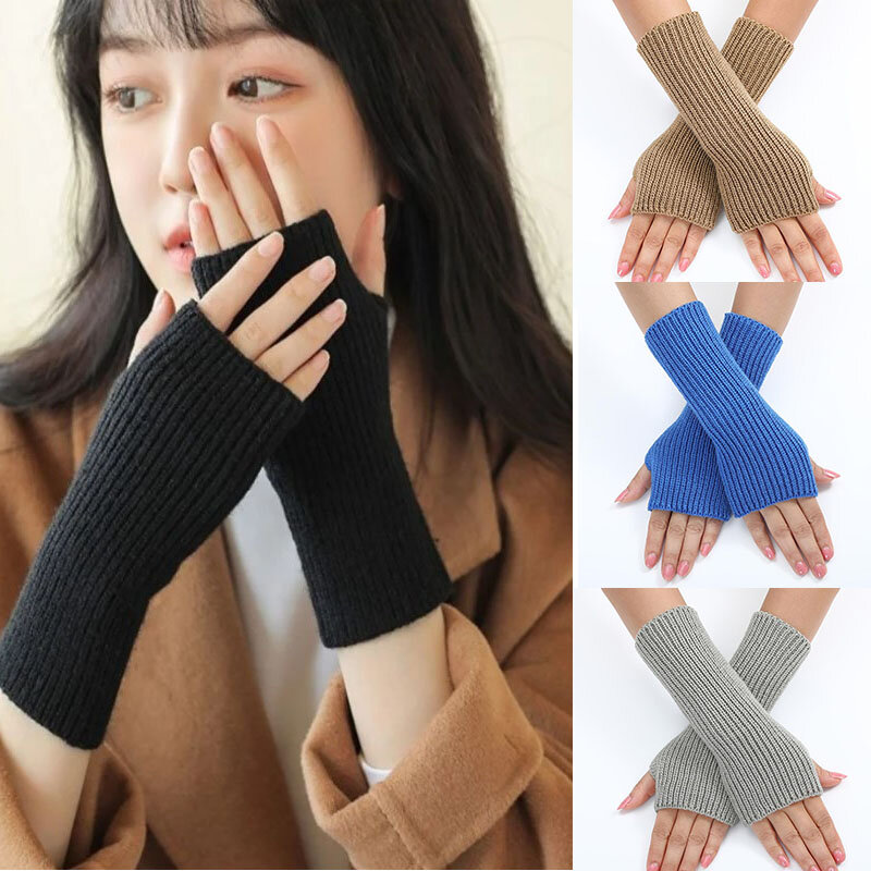 Gants longs sans doigts unisexes pour femmes, mitaines, chauffe-mains, laine, demi-doigt, manche de bras, chaud, hiver