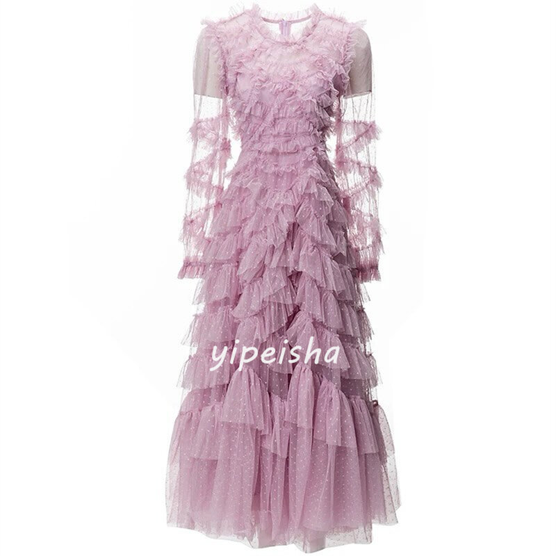 Tulle Tiered Ruched Clubbing A-line O-Neck Bespoke Occasion Gown Long Dresses