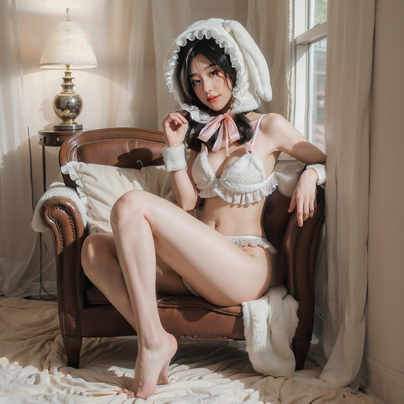 Disfraces de Cosplay de conejito blanco peludo Kawaii para mujer, disfraces exóticos de chica de Anime, traje de lencería Sexy, trajes para juegos de rol