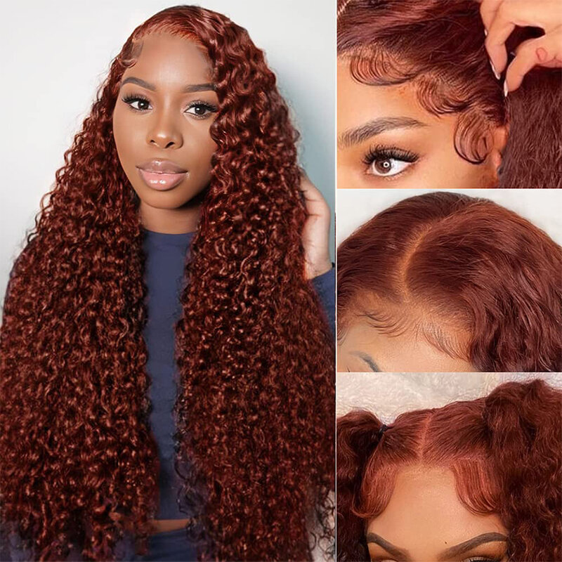 Reddish Brown Deep Wave 13x6 HD Lace Frontal Wig Remy Pre Plucked Colored Water Curly 13x4 Lace Front Human Hair Wigs For Women