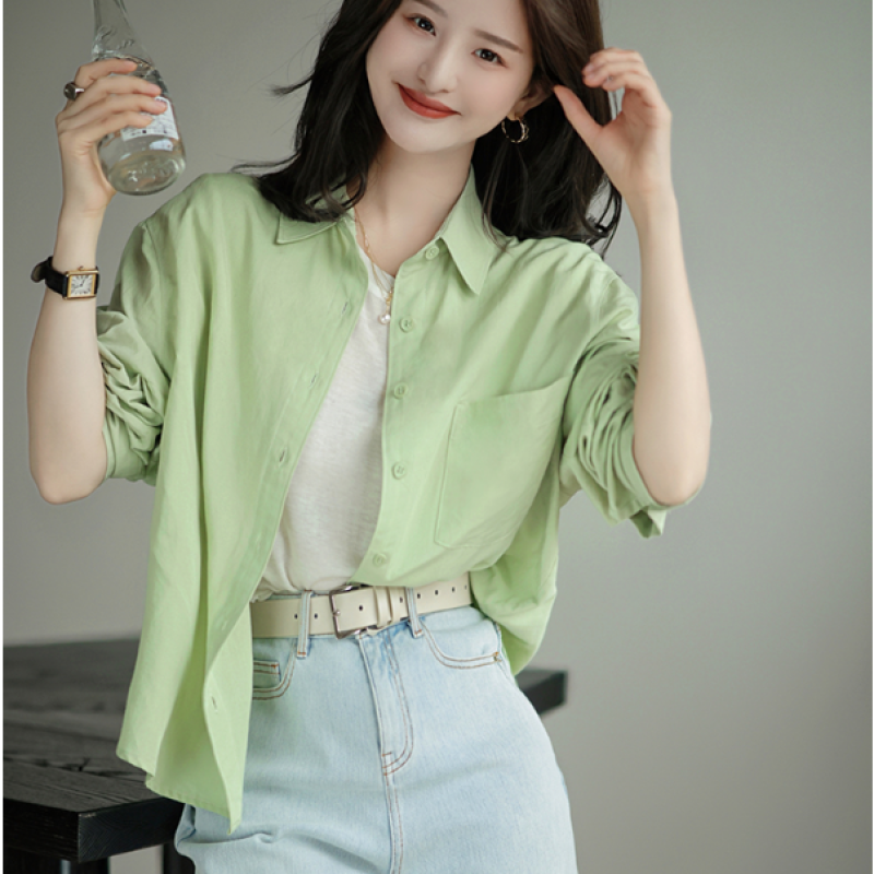 أزياء المرأة الكورية أزرار أحادية اللون ضئيلة القطن بولو الرقبة طويلة الأكمام بلوزة ، ملابس نسائية ، عارضة جيب أعلى ، الصيف