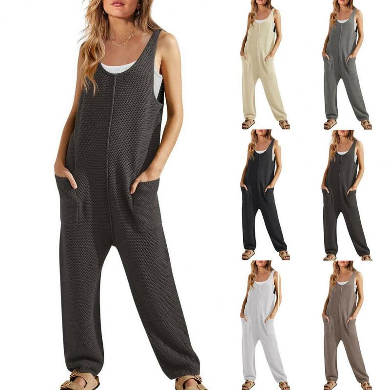 Wide Leg Jumpsuit Stylish Summer Women's Jumpsuit with U Neck Design Side Pockets Chic Ankle Length Wear Outfit for Women Women