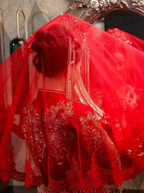 Red Bridal Headcloth, Bridal Wedding Veil, Simple Wedding Lace Accessory Headpiece for Women