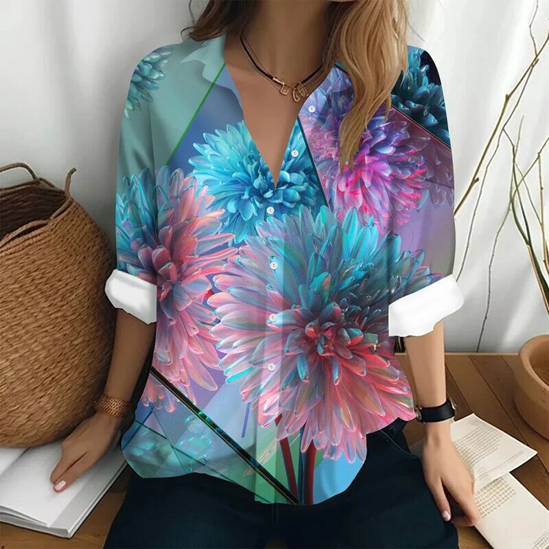 Camisa estampada flor para mulher, blusa manga longa, botão, casual e elegante, moda personalidade, verão