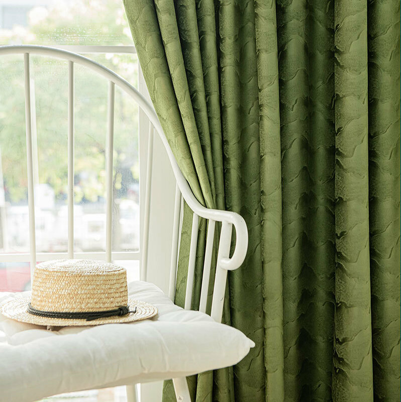 French Light Luxury Green Landscape Blackout Embossed Velvet Curtains for Living Dining room Bedroom Finished Product