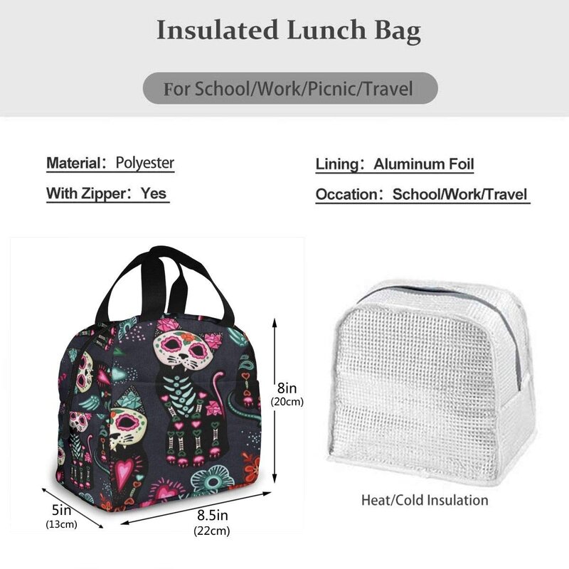 Portable Lunch Tote Bag Cat Kitten Sugar Skull Insulated Cooler Thermal Reusable Bag Lunch Box Handbag