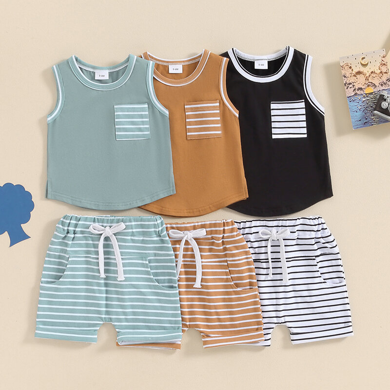 2024-03-04 Lioraitiin Toddler Boys Summer Outfits Pocket Sleeveless Tank Tops and Stripe Elastic Waist Shorts Clothes Set