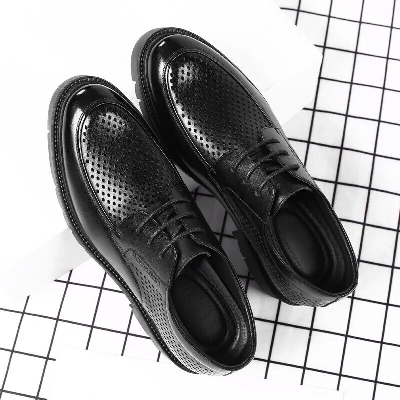 Summer Genuine Leather Hollow Out Men Elevator Shoes Platform Heels 8cm/10cm Height Increase Heightening Shoes Man Dress Shoes