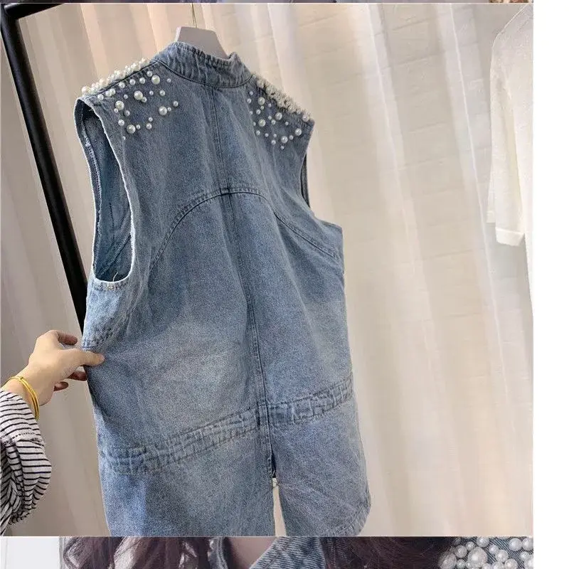 Moda industria pesante gilet di jeans con perline femminile primavera autunno gilet giacca 2024 nuovo allentato Plus Size Casual tasca cappotto gilet